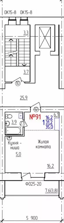 Квартира-студия, 35 м, 8/9 эт. - Фото 1