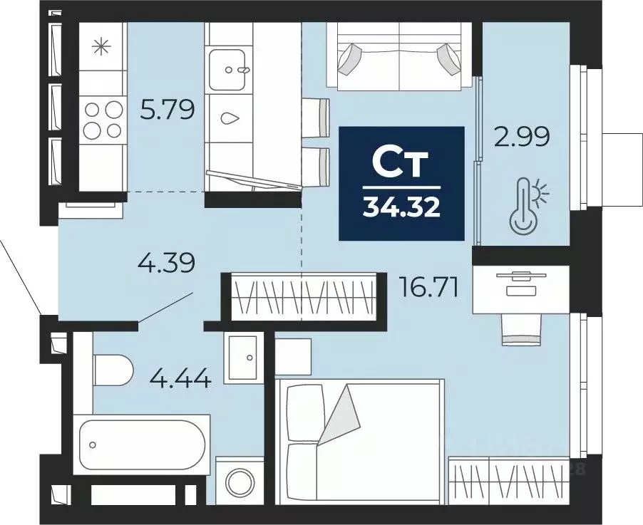 Студия Тюменская область, Тюмень Беринг жилой комплекс (34.32 м) - Фото 1