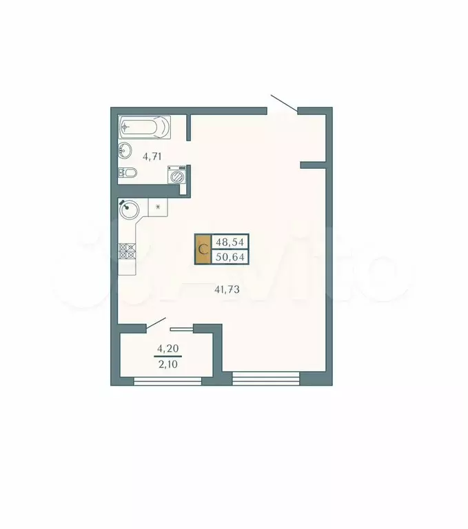 Квартира-студия, 50,6 м, 6/9 эт. - Фото 1