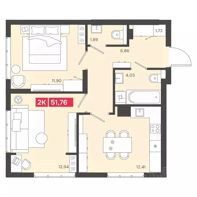2-к кв. Новосибирская область, Новосибирск Аэропорт мкр,  (51.76 м) - Фото 1