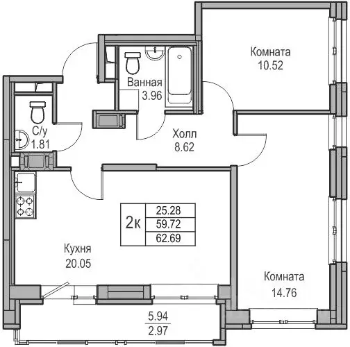 2-к кв. Санкт-Петербург ул. Ивинская, 1к3 (59.72 м) - Фото 0