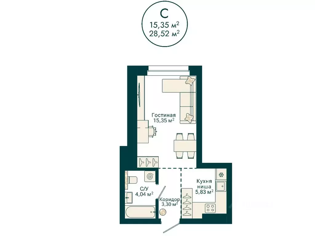 Студия Башкортостан, Уфа Сердце Уфы жилой комплекс (28.52 м) - Фото 2