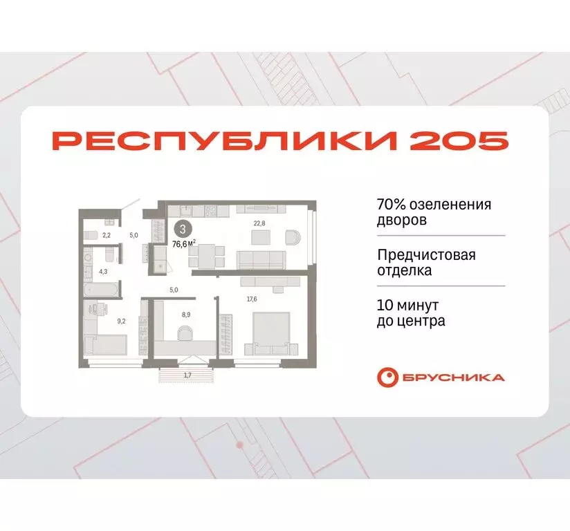 3-комнатная квартира: Тюмень, жилой комплекс Республики 205 (76.63 м) - Фото 0