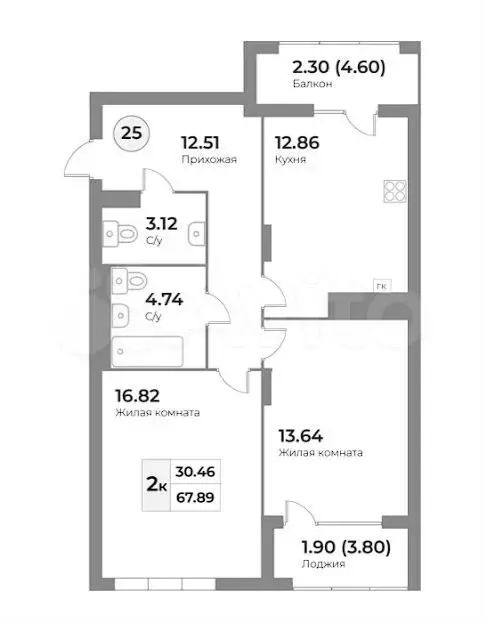 2-к. квартира, 67,9 м, 6/7 эт. - Фото 1