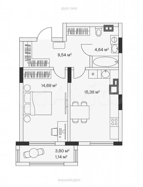 1-к. квартира, 45,4 м, 1/7 эт. - Фото 1