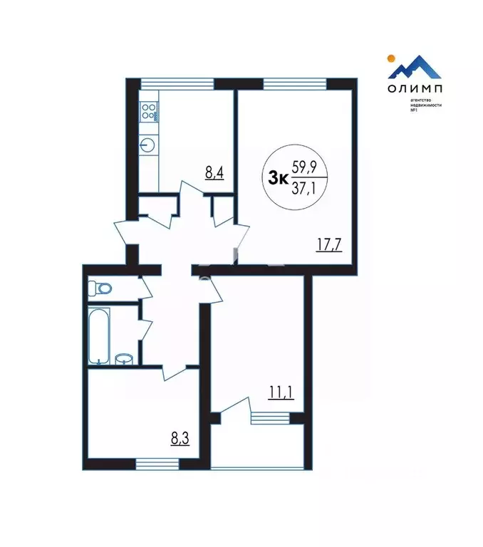3-к кв. Вологодская область, Вологда ул. Преображенского, 51А (59.9 м) - Фото 2