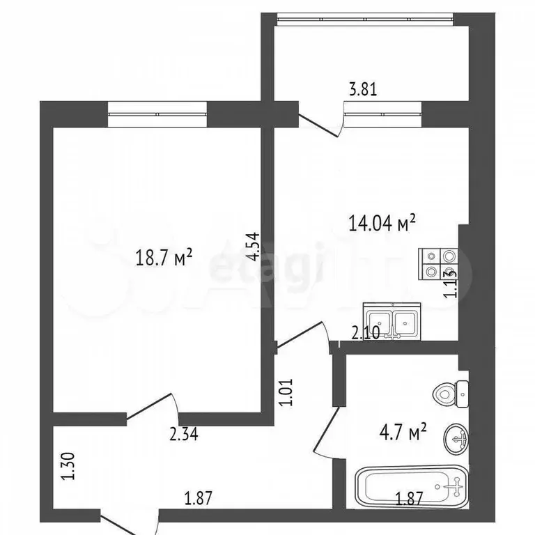 1-к. квартира, 34,3 м, 8/9 эт. - Фото 0