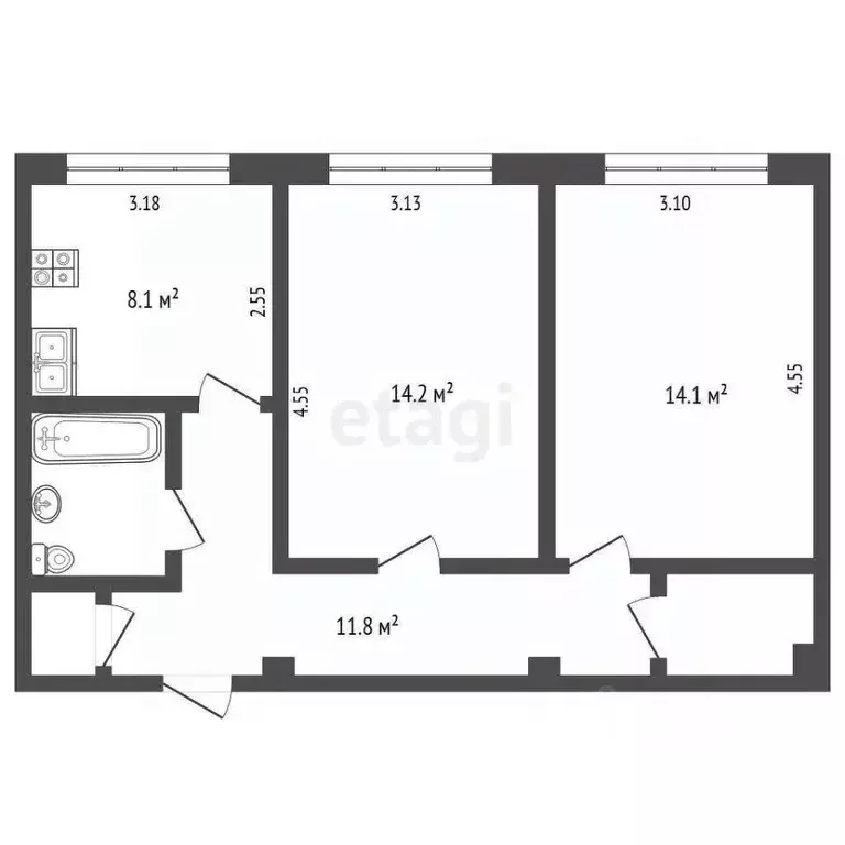 2-к кв. Пермский край, Пермь ул. Куйбышева, 62 (55.0 м) - Фото 1