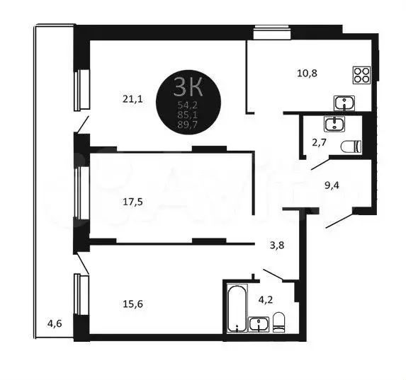 3-к. квартира, 89,7м, 2/22эт. - Фото 0