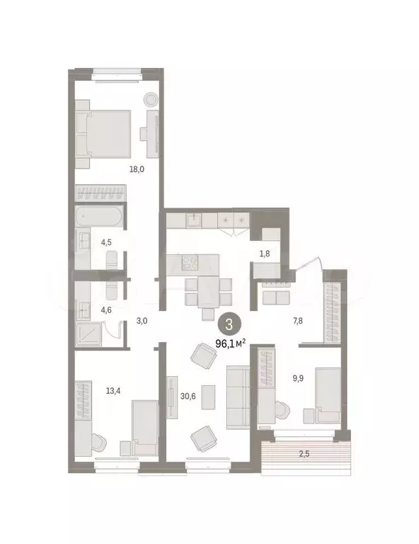 3-к. квартира, 96,1 м, 5/7 эт. - Фото 0