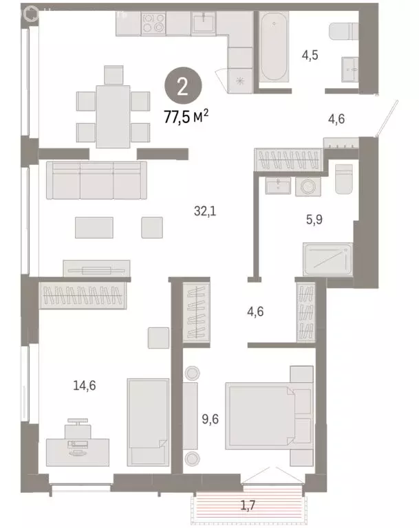 2-комнатная квартира: Новосибирск, Большевистская улица, 66 (77.46 м) - Фото 2