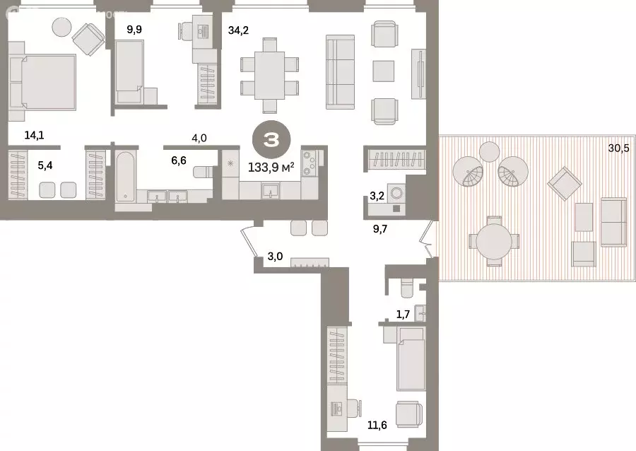 3-комнатная квартира: Екатеринбург, улица Академика Ландау, 7 (133.9 ... - Фото 1