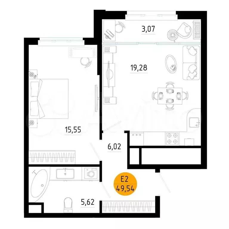 1-к. квартира, 49,5 м, 17/25 эт. - Фото 0