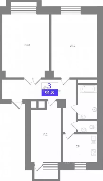 Квартира, 3 комнаты, 91.8 м - Фото 1