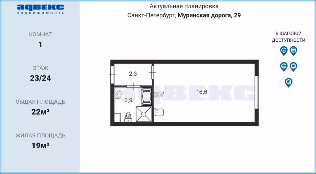 Студия Санкт-Петербург дор. Муринская, 29 (22.0 м) - Фото 1