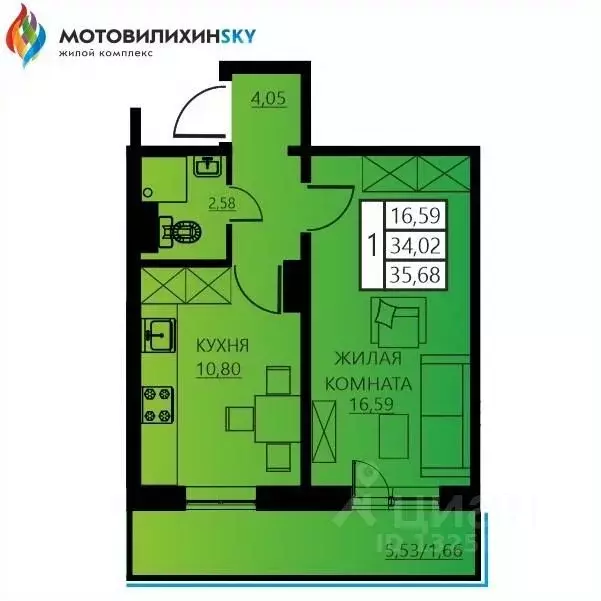 1-к кв. Пермский край, Пермь ул. Гашкова, 56к1 (35.68 м) - Фото 0