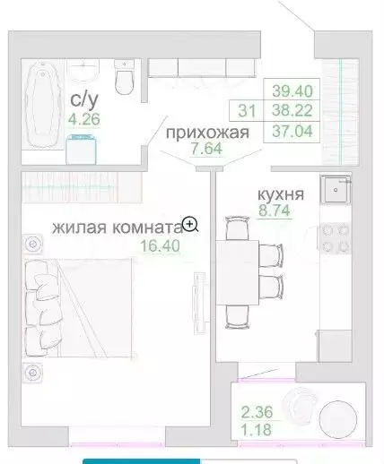 1-к. квартира, 38,7 м, 9/9 эт. - Фото 1