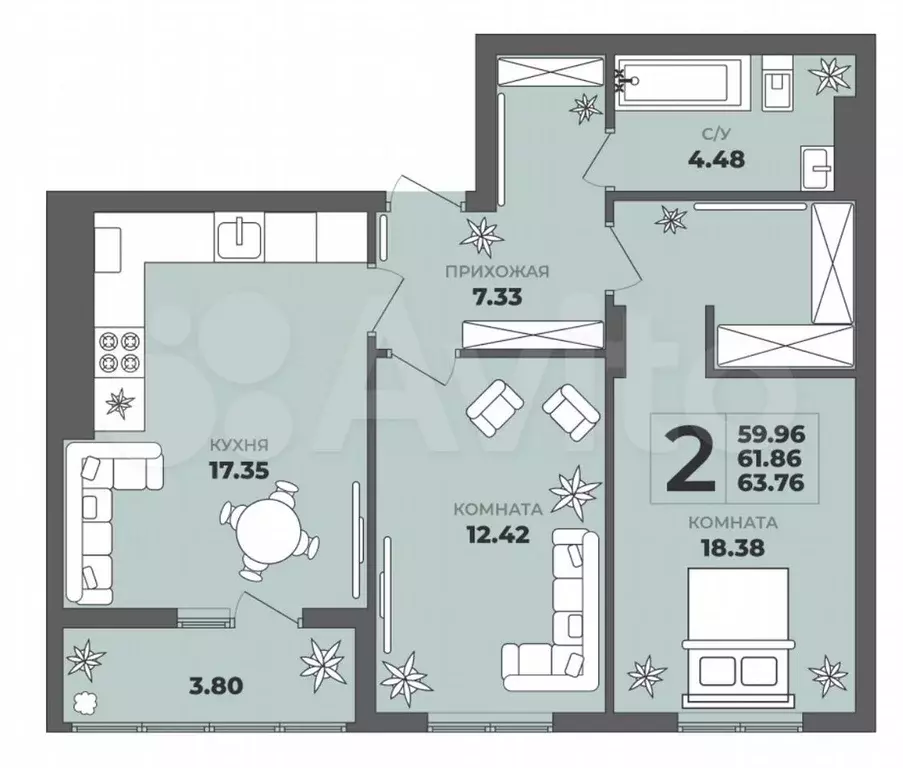 2-к. квартира, 62 м, 3/8 эт. - Фото 1