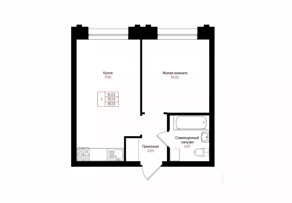 1-к кв. Татарстан, Казань Лето жилой комплекс (35.13 м) - Фото 2