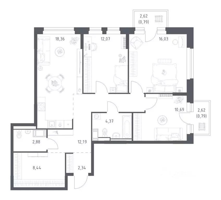 Квартира, 3 комнаты, 88.95 м - Фото 1