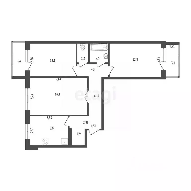 3-к кв. Башкортостан, Стерлитамак Стадионная ул., 19А (66.7 м) - Фото 2
