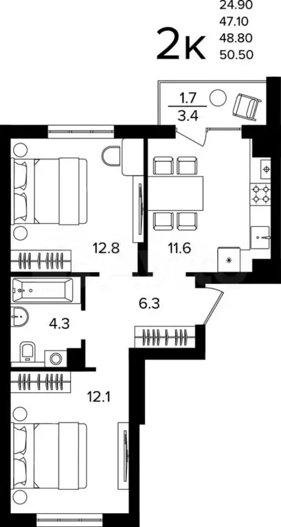 2-к. квартира, 48,8 м, 4/4 эт. - Фото 1