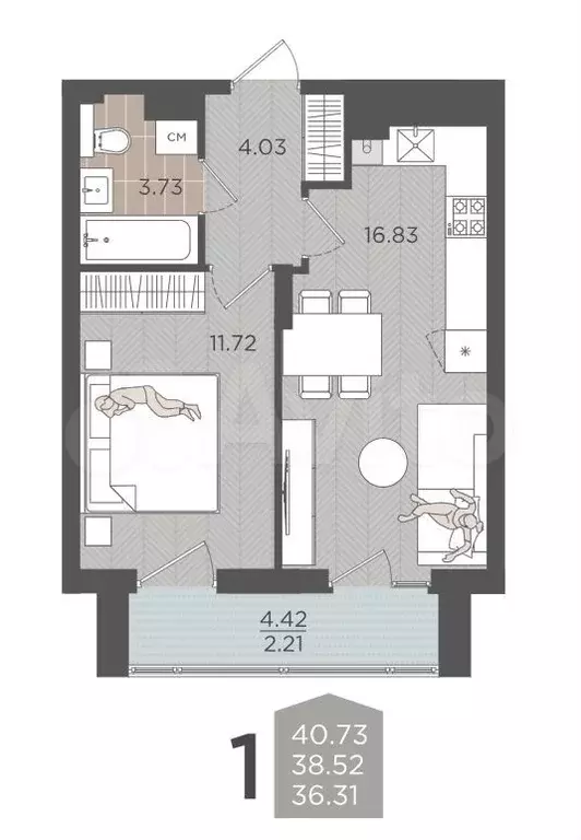 1-к. квартира, 38,5 м, 6/9 эт. - Фото 1
