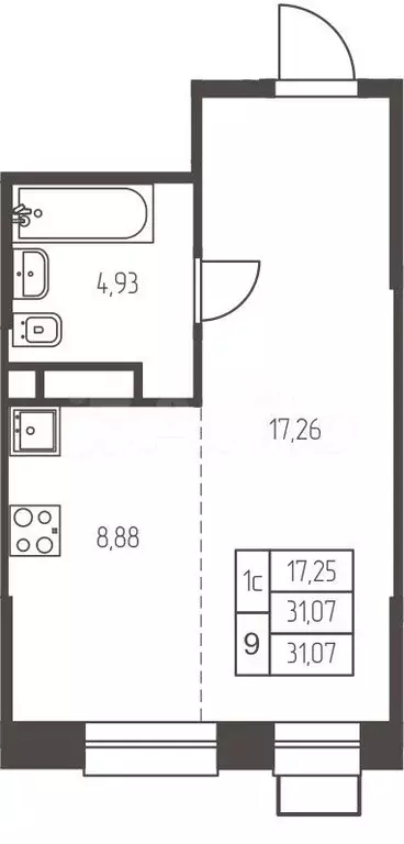 Квартира-студия, 31,1 м, 22/25 эт. - Фото 0