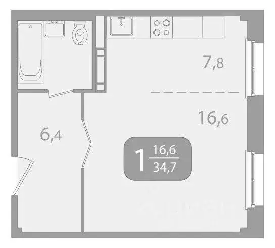 1-к кв. Томская область, Томск ул. Юрия Ковалева, 47 (34.71 м) - Фото 1