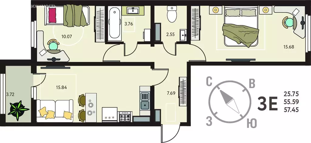 2-комнатная квартира: Курск, улица Энгельса, 115/6 (57.45 м) - Фото 1