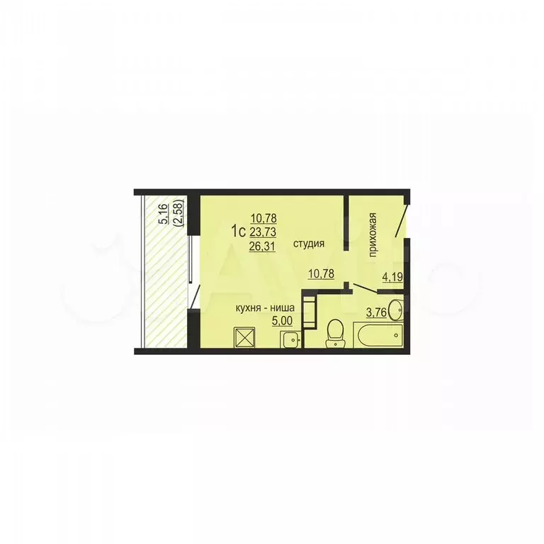 Квартира-студия, 26,3 м, 6/10 эт. - Фото 0