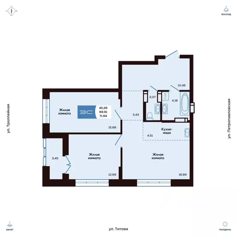 3-к кв. Новосибирская область, Новосибирск ул. Титова, 48 (71.64 м) - Фото 0