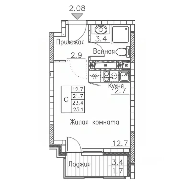 1-к кв. Приморский край, Владивосток ул. Расула Гамзатова, 7к1 (25.1 ... - Фото 2