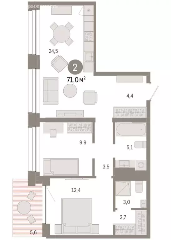 2-комнатная квартира: Тюмень, улица Муравленко, 9/2 (70.95 м) - Фото 1