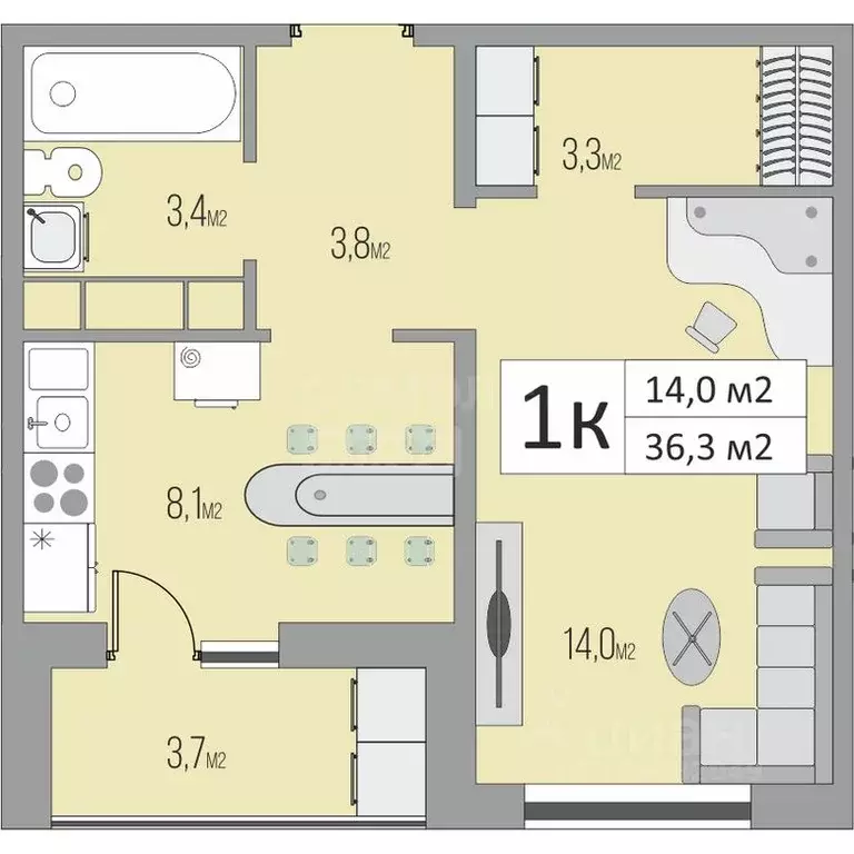 1-к кв. Оренбургская область, Оренбург ул. Гаранькина, 22 (36.3 м) - Фото 2
