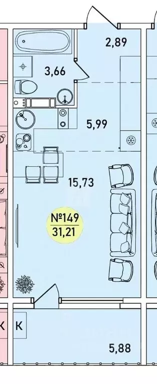 Студия Ярославская область, Ярославль 2-й мкр,  (31.21 м) - Фото 1