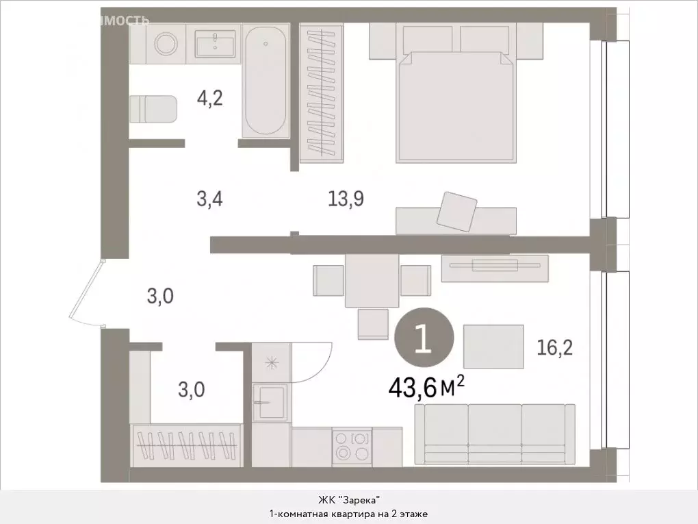 1-комнатная квартира: Тюмень, Мысовская улица, 26к1 (43.6 м) - Фото 0