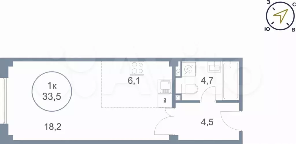 Квартира-студия, 33,5 м, 1/25 эт. - Фото 1