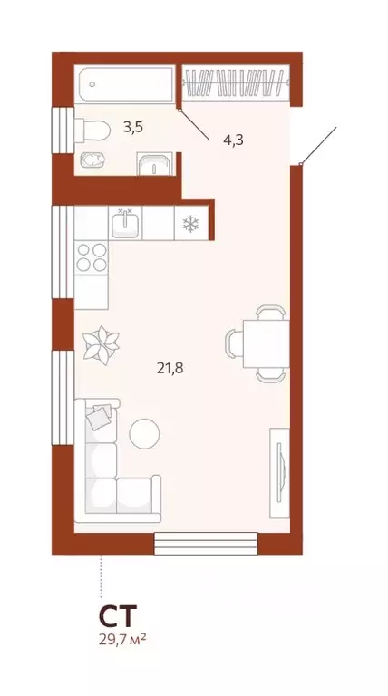 Студия Тюменская область, Тюмень ул. Новаторов, 30 (29.65 м) - Фото 0