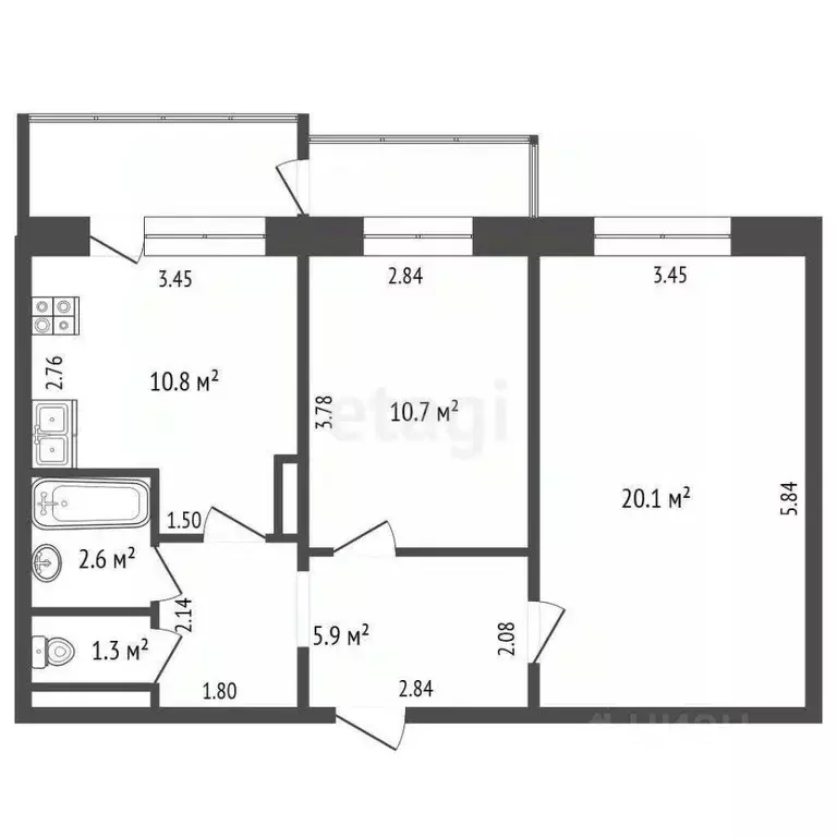 2-к кв. Саха (Якутия), Якутск ул. Чернышевского, 22/2 (55.1 м) - Фото 2