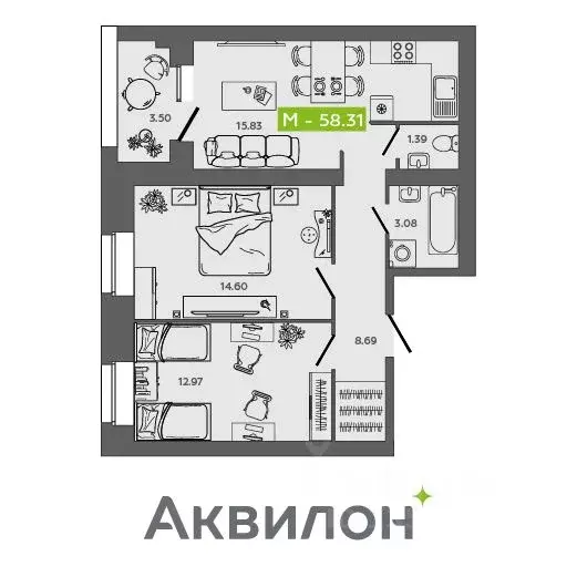 2-к кв. Архангельская область, Северодвинск Квартал № 100 жилой ... - Фото 1