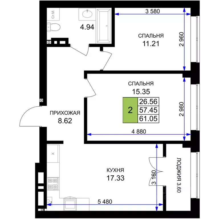 2-к кв. Калининградская область, Гурьевск Включи жилой комплекс (61.05 ... - Фото 1