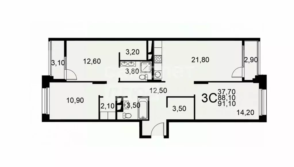 3-к кв. Рязанская область, Рязань Московское ш., 49к1 (91.0 м) - Фото 2