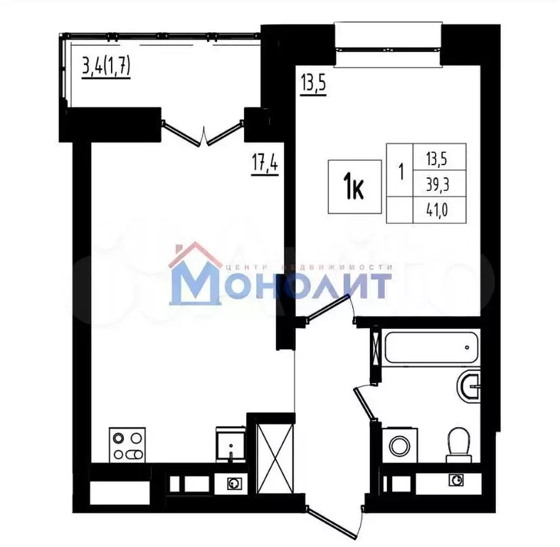 1-к. квартира, 41 м, 3/12 эт. - Фото 0