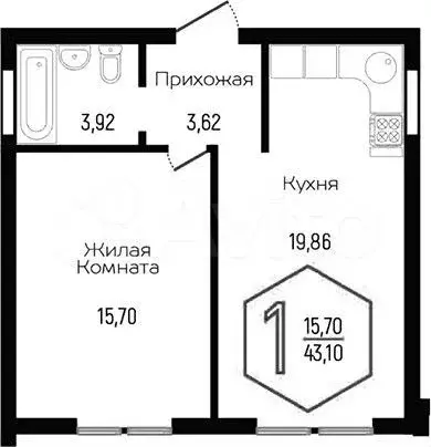 1-к. квартира, 43,1 м, 3/3 эт. - Фото 1