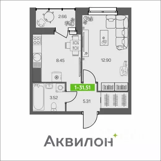 1-к кв. Архангельская область, Архангельск ул. Валявкина, 28 (31.51 м) - Фото 0