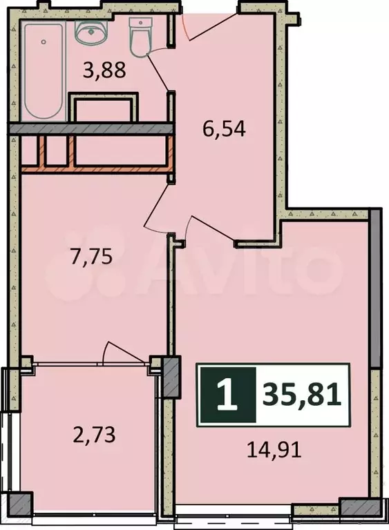 1-к. квартира, 35,8м, 2/9эт. - Фото 0