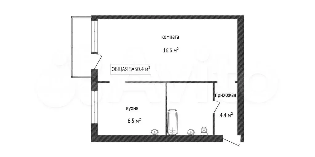 1-к. квартира, 30,4 м, 4/5 эт. - Фото 0