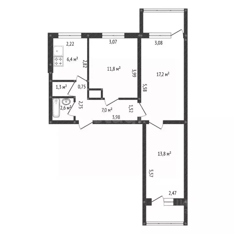 3-к кв. Башкортостан, Уфа Дагестанская ул., 13/1 (64.3 м) - Фото 2