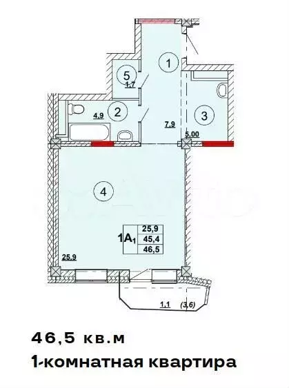 1-к. квартира, 46,5 м, 2/12 эт. - Фото 0